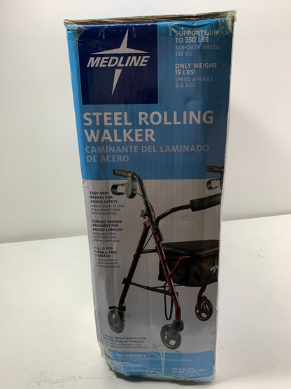 Medline Rollator Walker with Seat, Steel Rolling Walker with 6-inch Wheels Supports up to 350 lbs, Medical Walker, Burgundy
