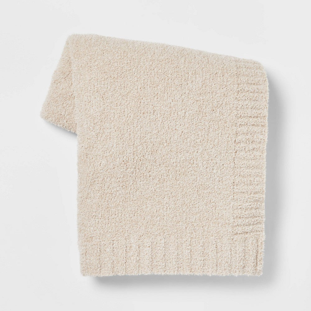 Cozy Knit Throw Blanket Neutral - Threshold™: Light Beige Midweight Recycled Polyester Sensory Friendly 50x60 Inches