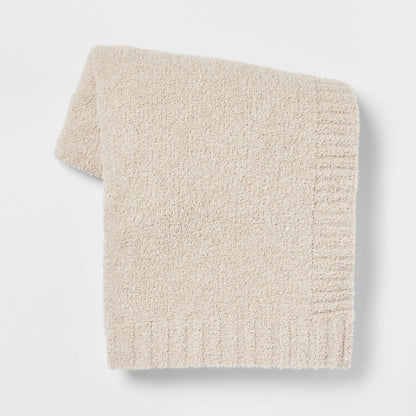 Cozy Knit Throw Blanket Neutral - Threshold™: Light Beige, Midweight, Recycled Polyester, Sensory Friendly, 50x60 Inches
