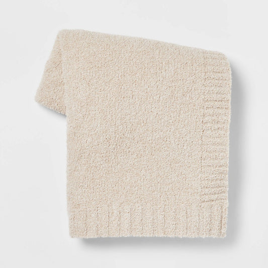 Cozy Knit Throw Blanket Neutral - Threshold™: Light Beige, Midweight, Recycled Polyester, Sensory Friendly, 50x60 Inches