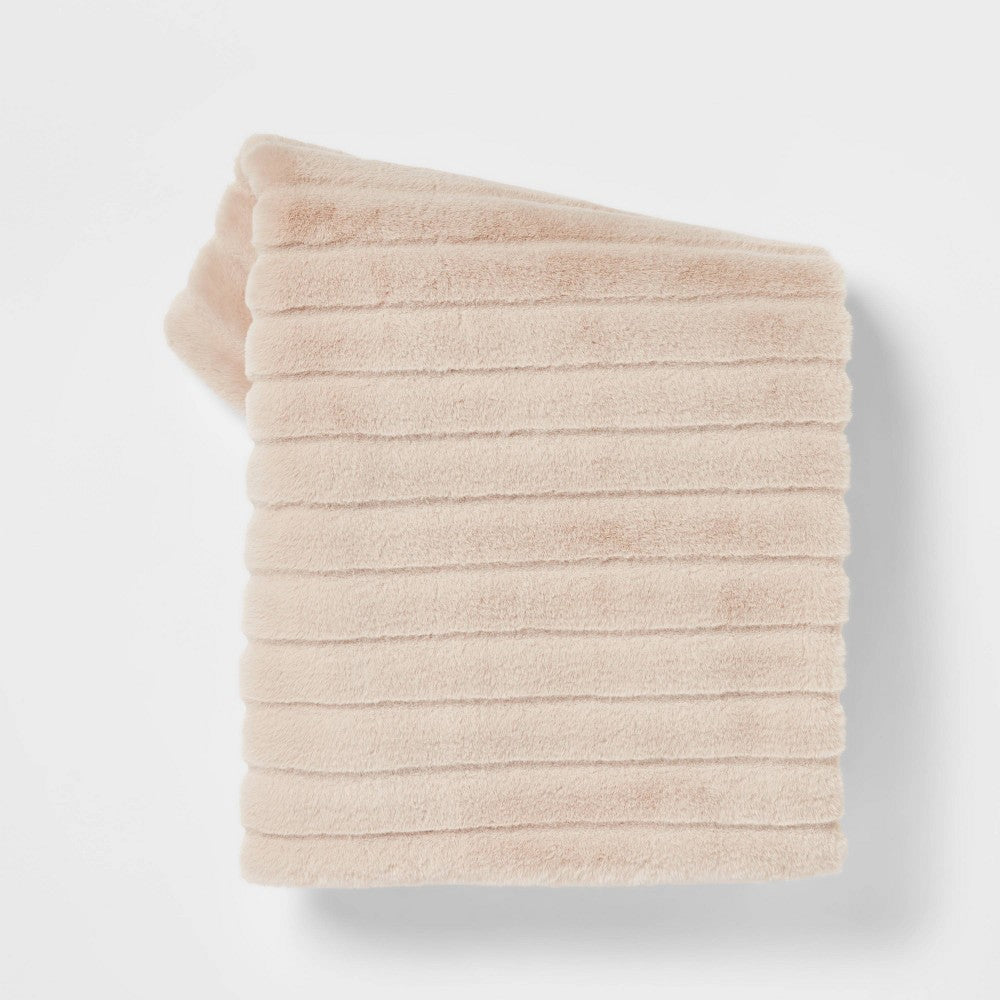 60inx50in Textured Faux Fur Reversible Throw Blanket Neutral - Threshold™ - *Bedding