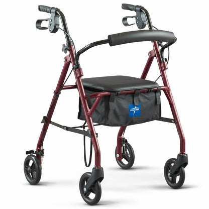 Medline Rollator Walker with Seat, Steel Rolling Walker with 6-inch Wheels Supports up to 350 lbs, Medical Walker, Burgundy