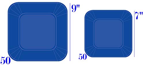 Oojami Serves 50 Guest Complete Party Pack Blue Square Plates, 9" Dinner & 7" Dessert Square Paper Plates, 9 Oz Cups, 3 Ply Napkins Baby Shower Office