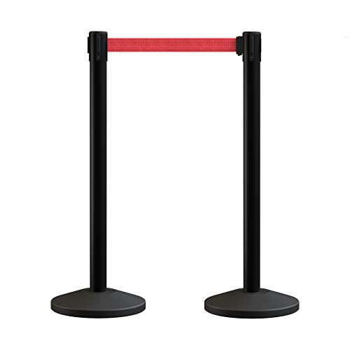 Crowd Control Warehouse CCW Series RBB-100 - Set of 2 Stanchion Retractable Belt Barriers - 11 Foot Red Belt, Black Post - Easy Assembly