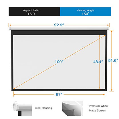Projector Screen 100 Inch 16:9 - Auto-Locking Portable Projection Screen for 4K 3D 1080P HD - Manual Projector Screen Pull Dow