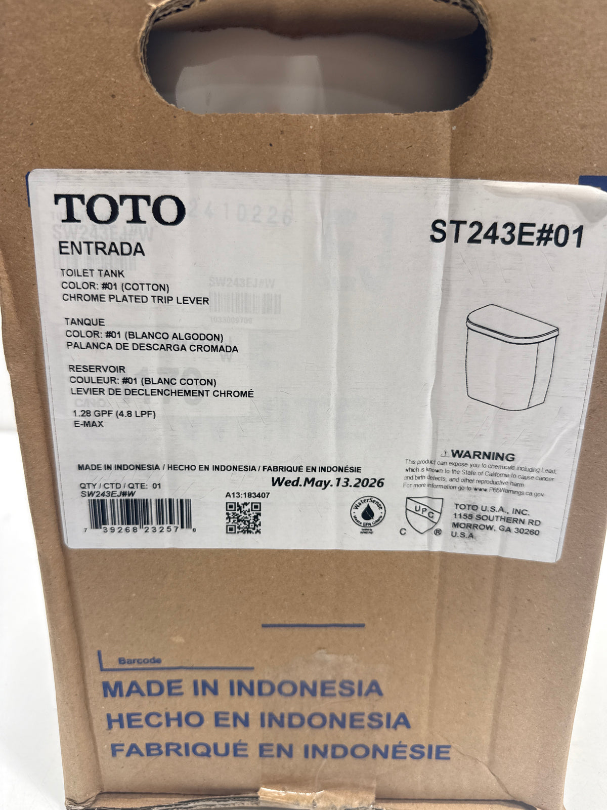 TOTO ST243E Entrada 1.28 GPF Toilet Tank - Left Hand Lever Cotton Toilets and Bidets Toilet Tanks Standard Toilet Tanks