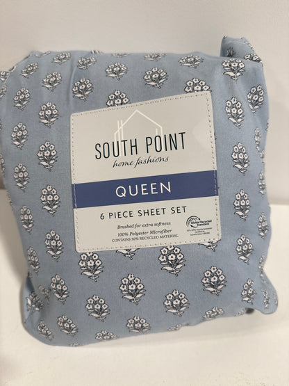 6-Piece Printed Sheet Set  | 17" Extra Deep | Cool, Crisp, Breathable Bed Sheets - Brushed for Softness (Prarie Floral Blue, Queen