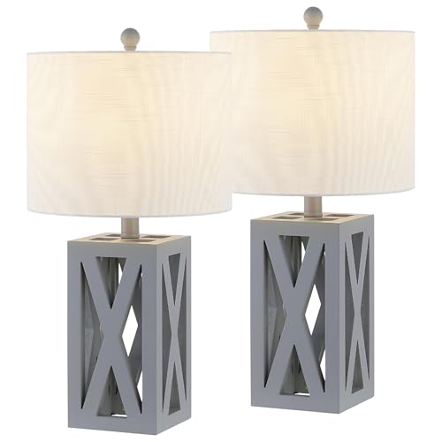 JONATHAN Y 21.5" Gray Farmhouse Wood Table Lamp for Bedside and Living Room, White Linen Drum Shade, Rustic Modern Desk Lamp for Bedroom, LED Bulb Included (JYL1062D-SET2)