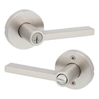 Kwikset Halifax Entry Door Handle with Lock and Key, Secure Round Keyed Reversible Lever Exterior, for Front Entrance and Bedrooms,Satin Nickel