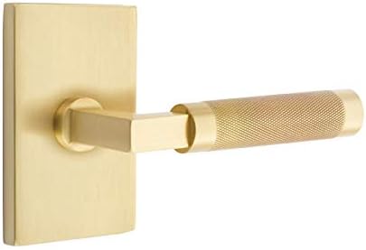 Emtek Select Passage, Modern Rectangular Rosette, L-Square Stem, Knurled Lever, Satin Brass, LH