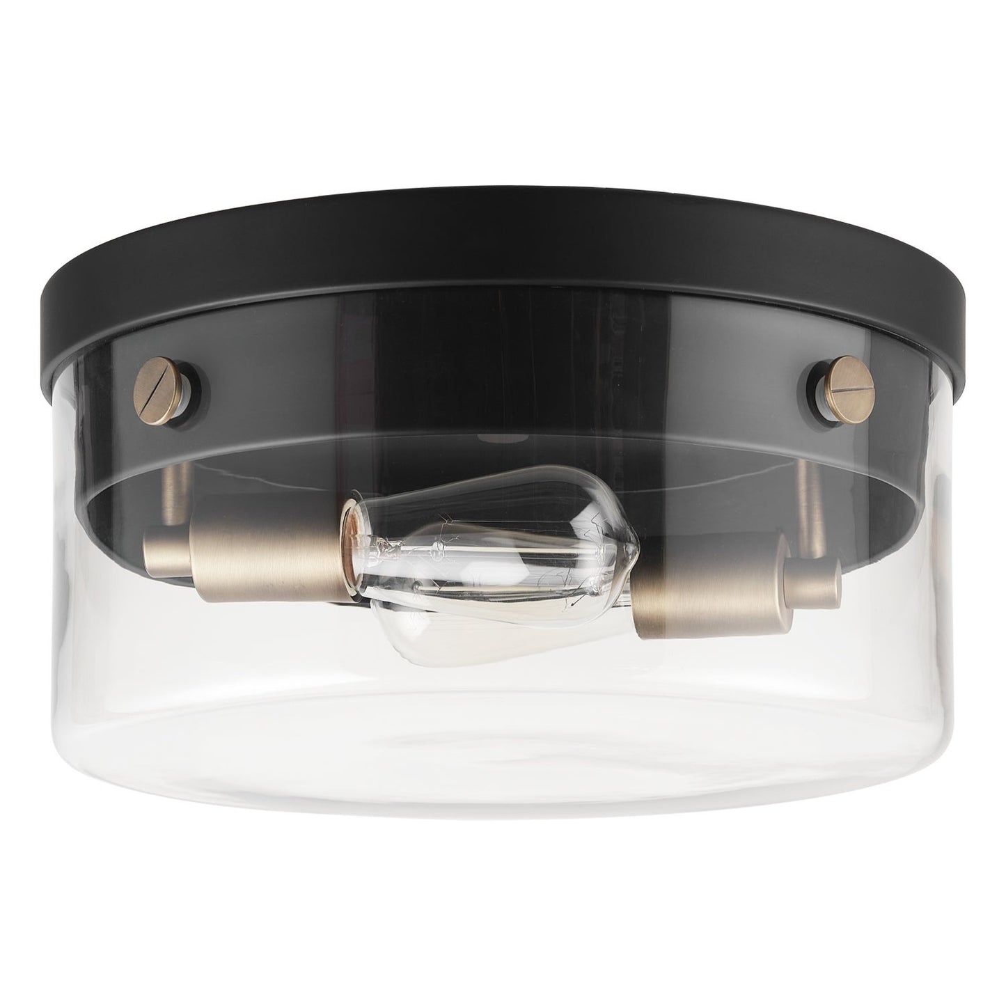 Globe Electric 60870 2-Light Flush Mount Ceiling Light, Matte Black, Brass Accents, Clear Glass Shade, Modern Lighting for Hallway, Bedroom, or Living Room, E26 Base
