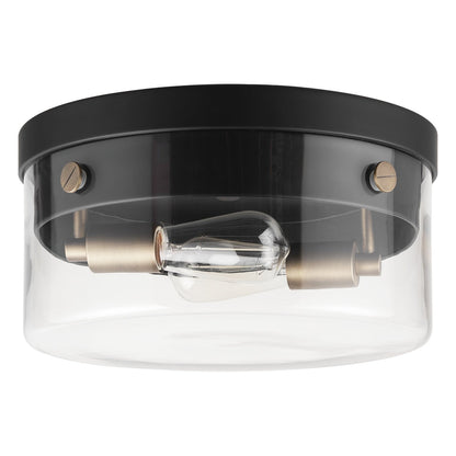 Globe Electric 60870 2-Light Flush Mount Ceiling Light, Matte Black, Brass Accents, Clear Glass Shade, Modern Lighting for Hallway, Bedroom, or Living Room, E26 Base
