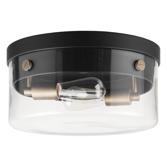 Globe Electric 60870 2-Light Flush Mount Ceiling Light, Matte Black, Brass Accents, Clear Glass Shade, Modern Lighting for Hallway, Bedroom, or Living Room, E26 Base