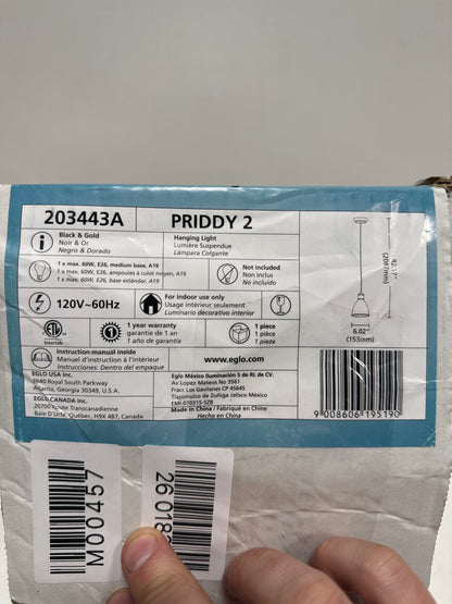 Priddy 2 1-Light Pendant in Black with Gold