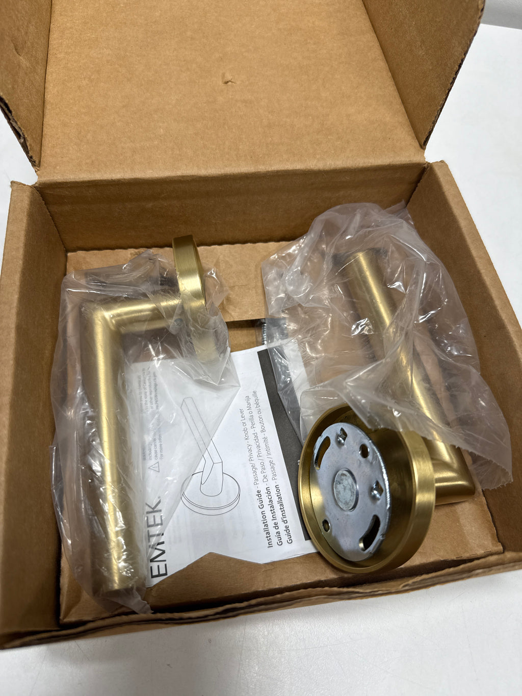 Scratch EMTEK Disk Rosette Dummy, Pair with Matching Finish Stuttgart Lever 5059STUUS4 - Satin Brass (US4)
