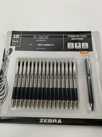 2 - Zebra 16 X F-301 Ballpoint Stainless Steel (Black) + 1 X G-350 Gel Pen