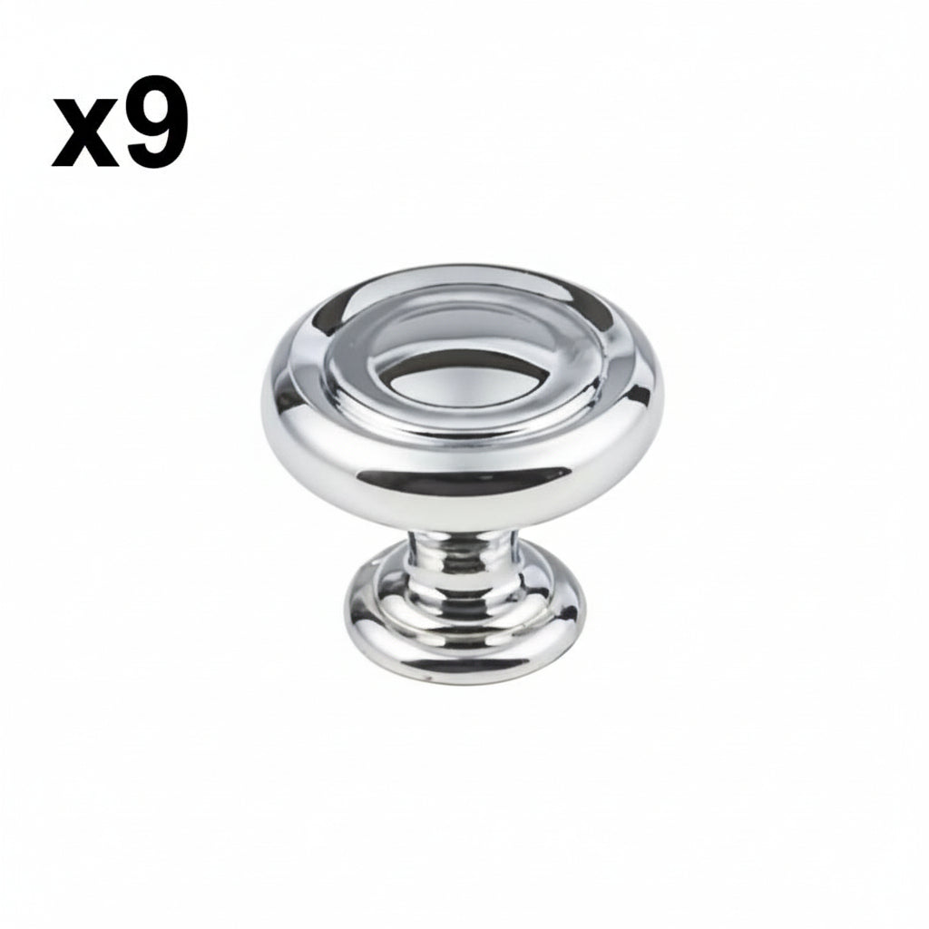 9 x Jeffrey Alexander 117 Bremen I - 1-1/4" Round Traditional Ring Mushroom Cabinet Knob / Drawer Knob with Stacked Foot Polished Chrome Cabinet Hardware