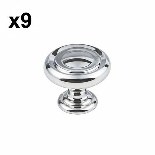 9 x Jeffrey Alexander 117 Bremen I - 1-1/4" Round Traditional Ring Mushroom Cabinet Knob / Drawer Knob with Stacked Foot Polished Chrome Cabinet Hardware