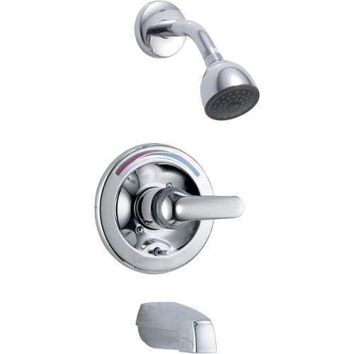 Delta T13691 Commercial Single Handle Tub and Shower Valve Trim with Push Button Diverter and Metal Lever