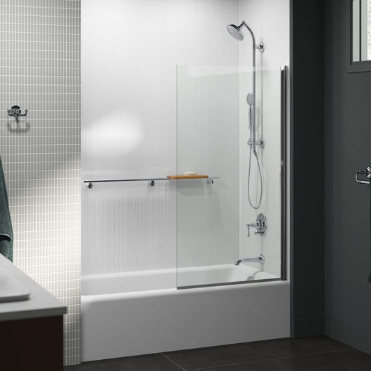 Dented Kohler Aerie 31.5-32.1 in. W X 57 in. H Frameless Glass Panel in Bright Polished Silver
