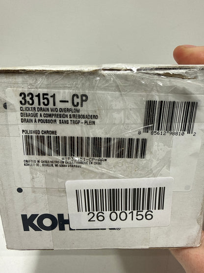 KOHLER K-33151-CP Bathroom Sink Clicker Drain w/o Overflow, Premium Metal, Corrosion Resistant, Polished Chrome
