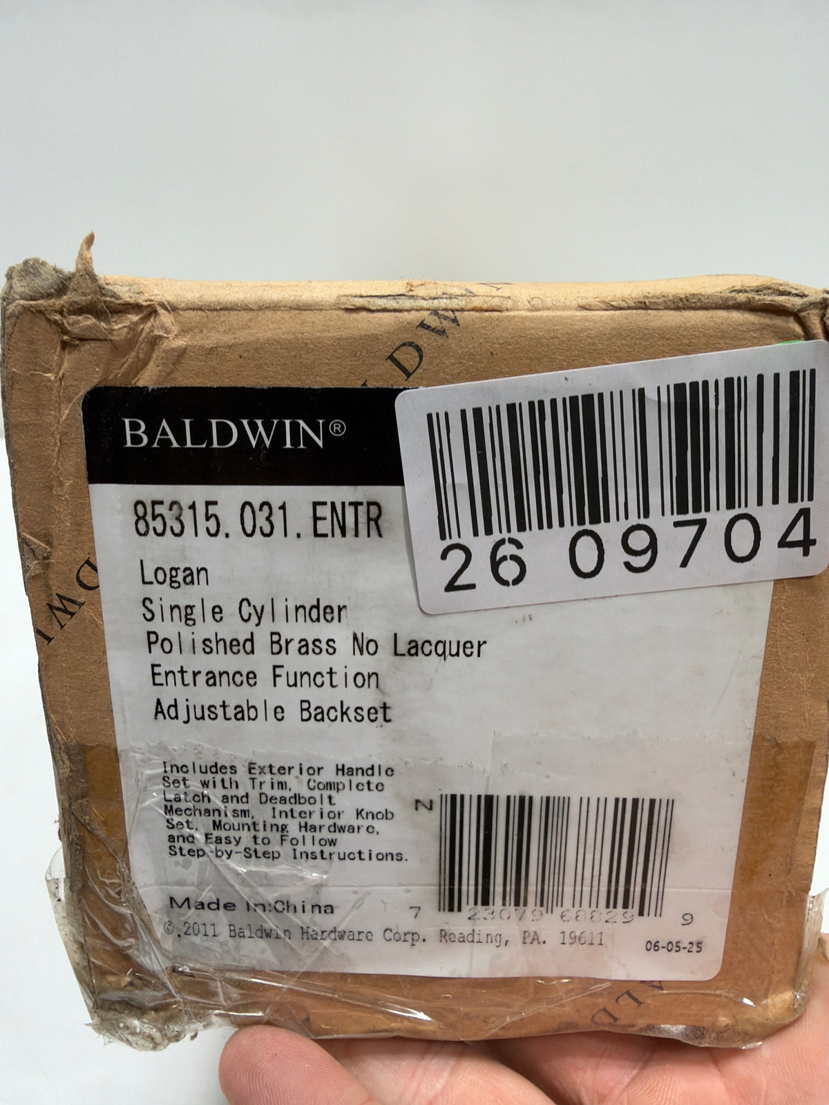 Baldwin 85315.ENTR Logan Sectional Single Cylinder Keyed Entry Handleset with 5015 Interior Knob from the Estate Collection Non-Lacquered Brass Door