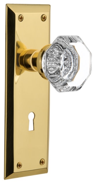 Nostalgic Warehouse New York Plate with Keyhole Waldorf Crystal Knob, Double Dummy, Unlacquered Brass