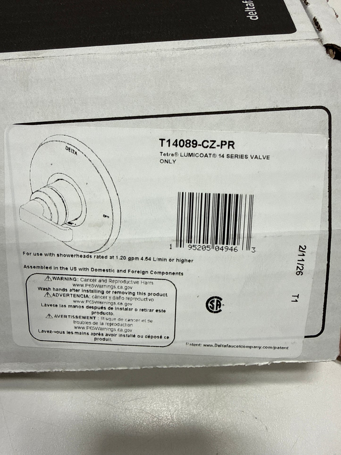 Delta T14089 Tetra Monitor 14 Series Pressure Balanced Valve Trim Only - Lumicoat