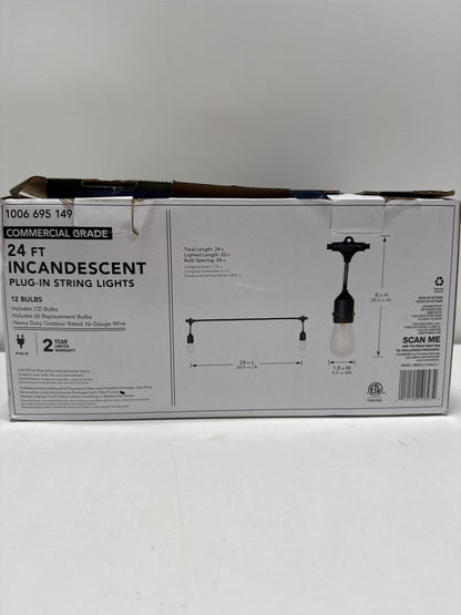 Used 12-Light 24 Ft. Indoor/Outdoor Plug-in Incandescent Edison Bulb String Light