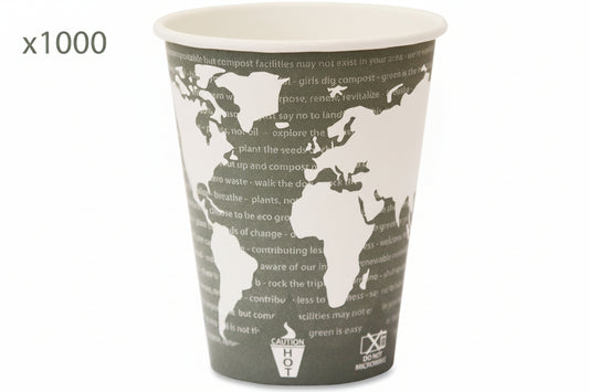 Paper cup with world map design and text on a white background