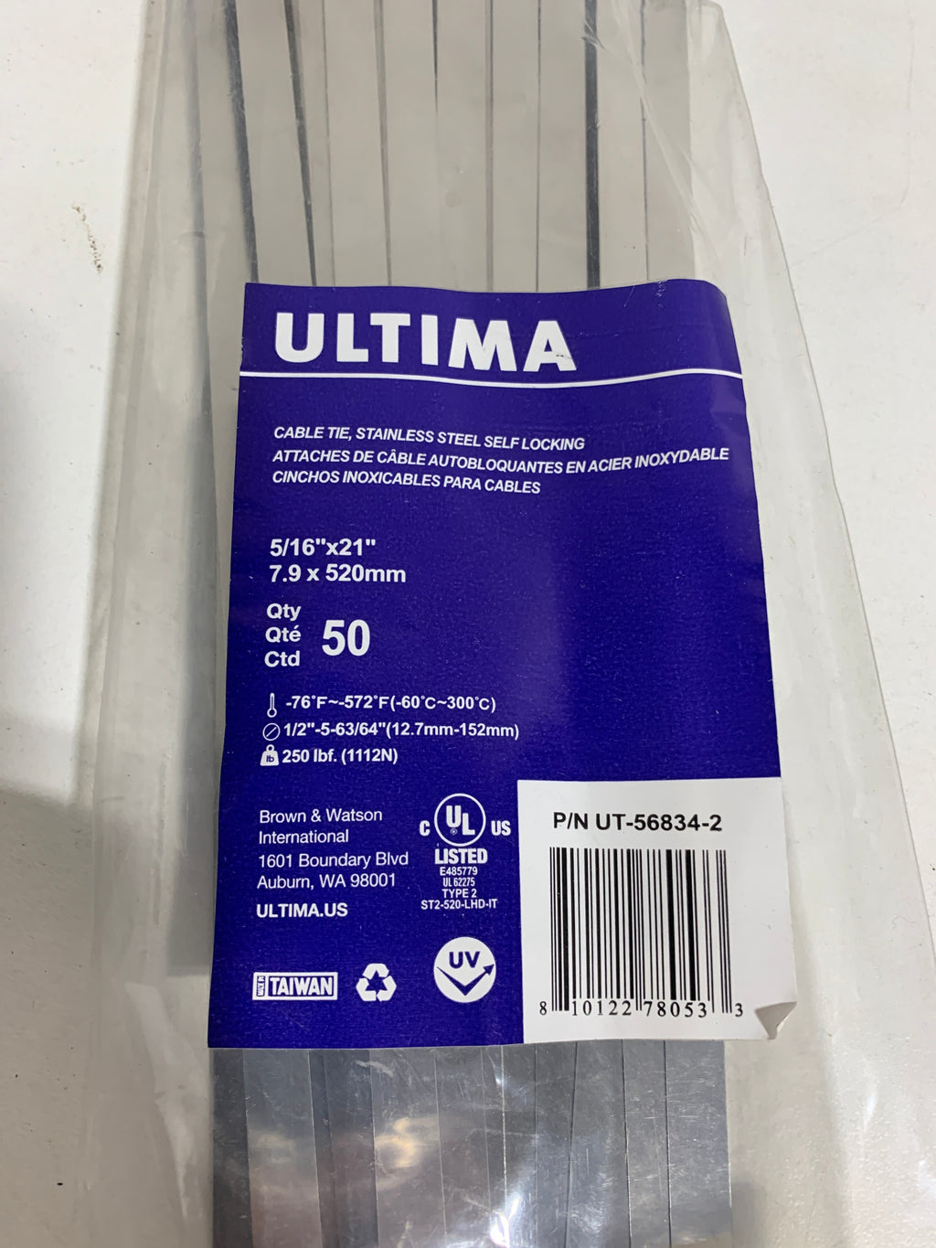 Ultima UT-56834-2 Stainless Steel Self Locking Cable Ties Multi-Purpose Organizer for Bundling and Securing Cables