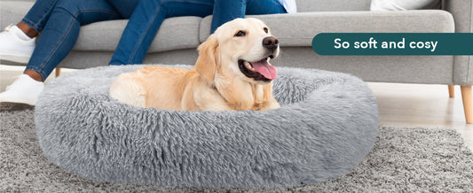 bluzelle Dog Bed for Large Sized Dogs, 47“ Donut Dog Bed Washable, Round Dog Pillow Fluffy Plush, Calming Pet Bed Removable Mattress Soft Pad Comfort No-Skid Bottom, Color:Light Grey