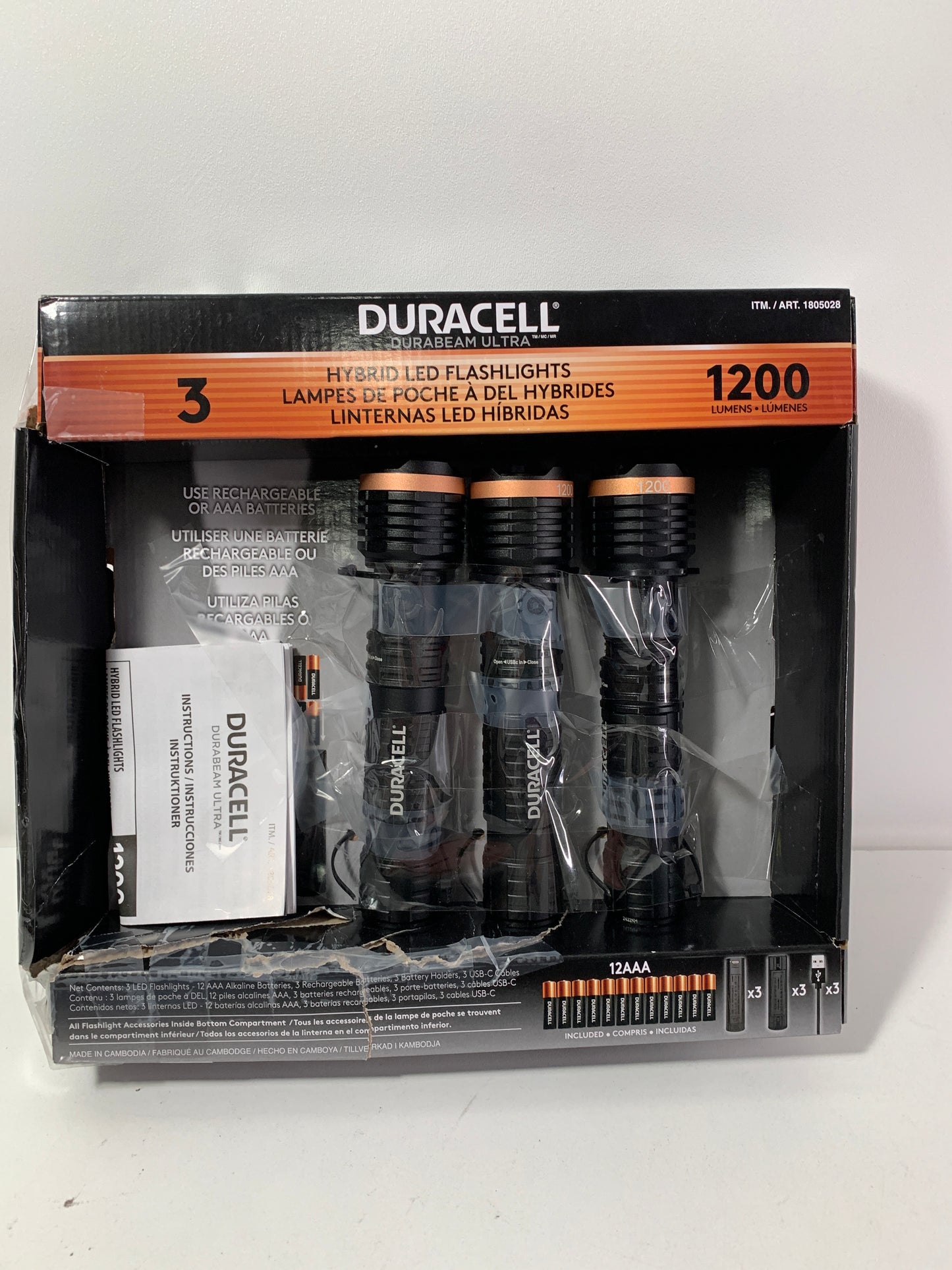 DURACELL Durabeam Ultra Hybrid LED Flashlights, 1200 Lumens, Set of 3, with Rechargeable and AAA Alkaline Batteries