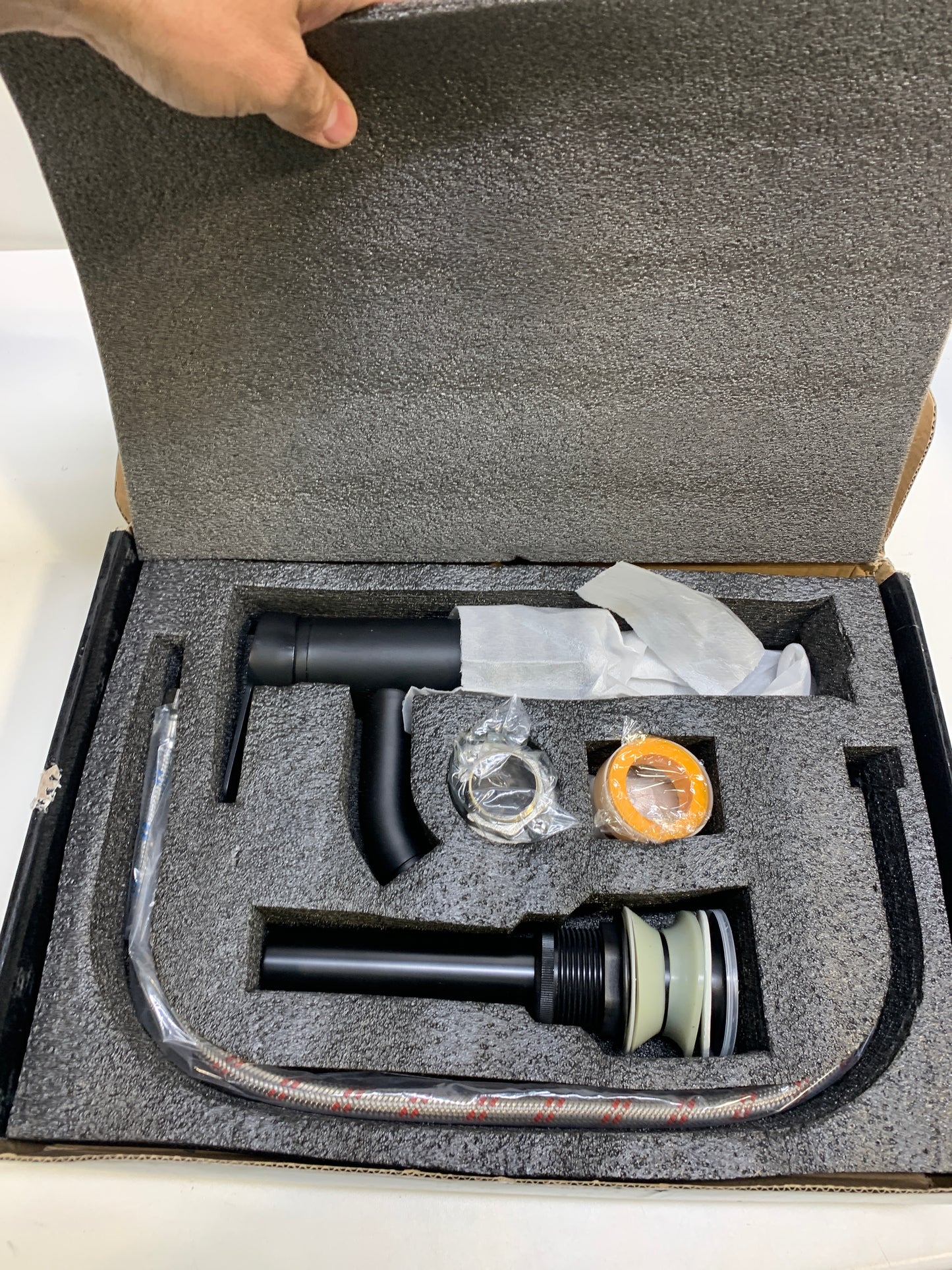 Scratch gotonovo Bathroom Sink Faucet Lavatory Vanity Mixer Bar Tap Combo Single Hole Single Handle Deck Mount with Water Supply Lines Matte Black Short with ABS Pop Up Drain