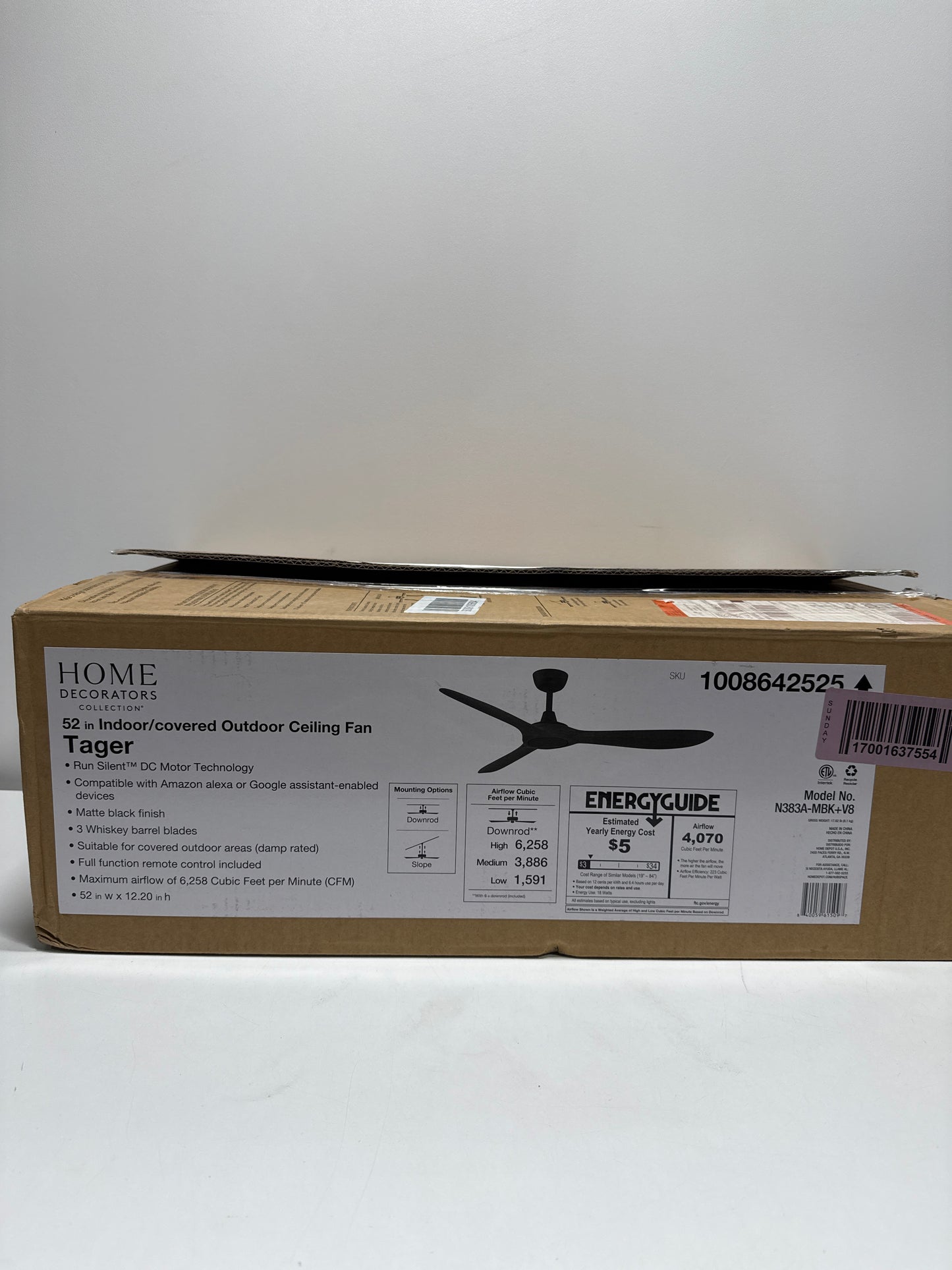 Tager 52 in. Smart Indoor/Outdoor Matte Black with Whiskey Barrel Blades Ceiling Fan with Remote Powered by Hubspace