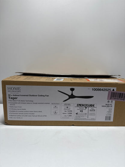 Tager 52 in. Smart Indoor/Outdoor Matte Black with Whiskey Barrel Blades Ceiling Fan with Remote Powered by Hubspace