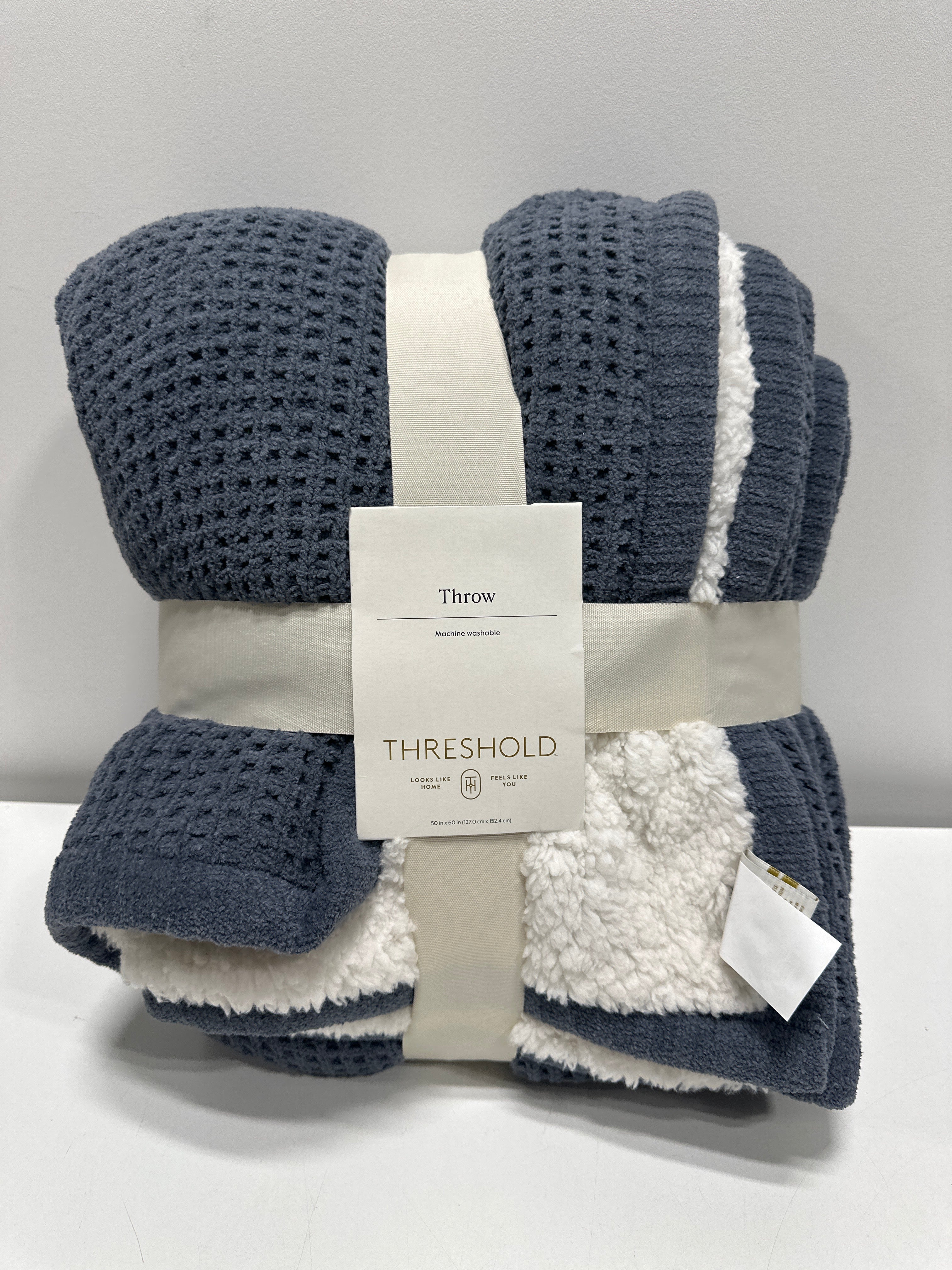 50inx60in Chenille Knit Throw Blanket with Faux Shearling Reverse Blue - Threshold™ - *Bedding