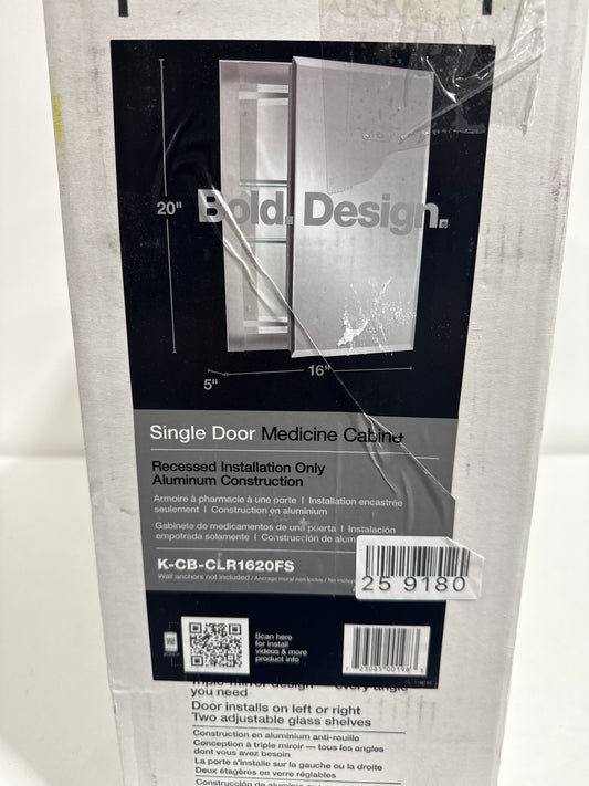 Kohler K-CB-CLR1620FS 16" X 20" Single Door Reversible Hinge Frameless Mirrored Medicine Cabinet Silver