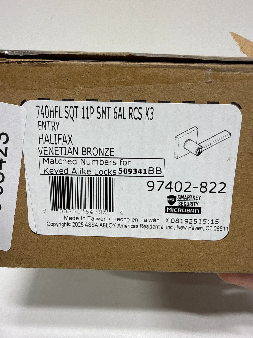 Kwikset 740HFLSQTV1-S Halifax Single Cylinder Keyed Entry Door Lever Set with Square Rose and SmartKey Venetian Bronze