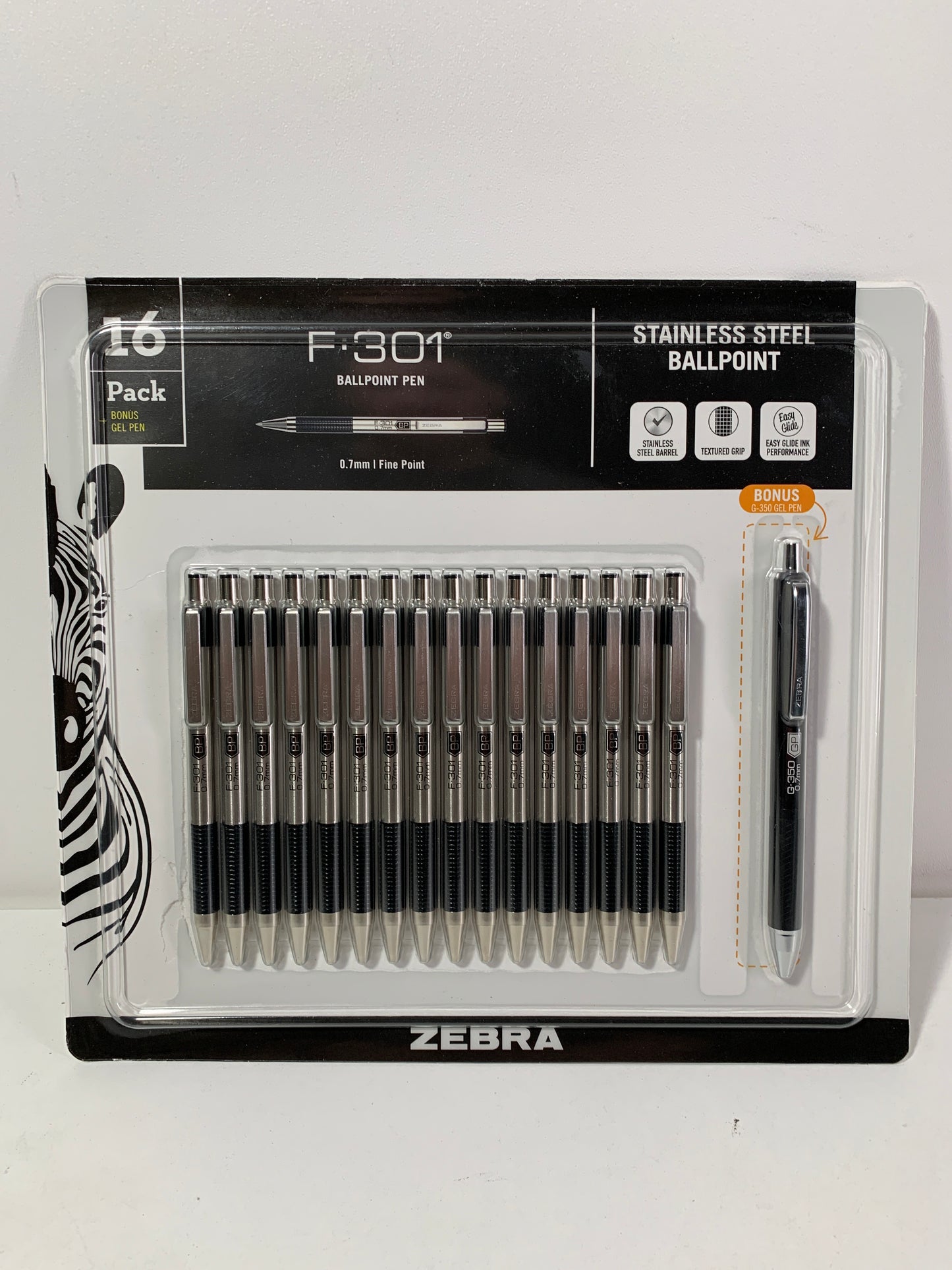 Zebra 16 X F-301 Ballpoint Stainless Steel (Black) + 1 X G-350 Gel Pen