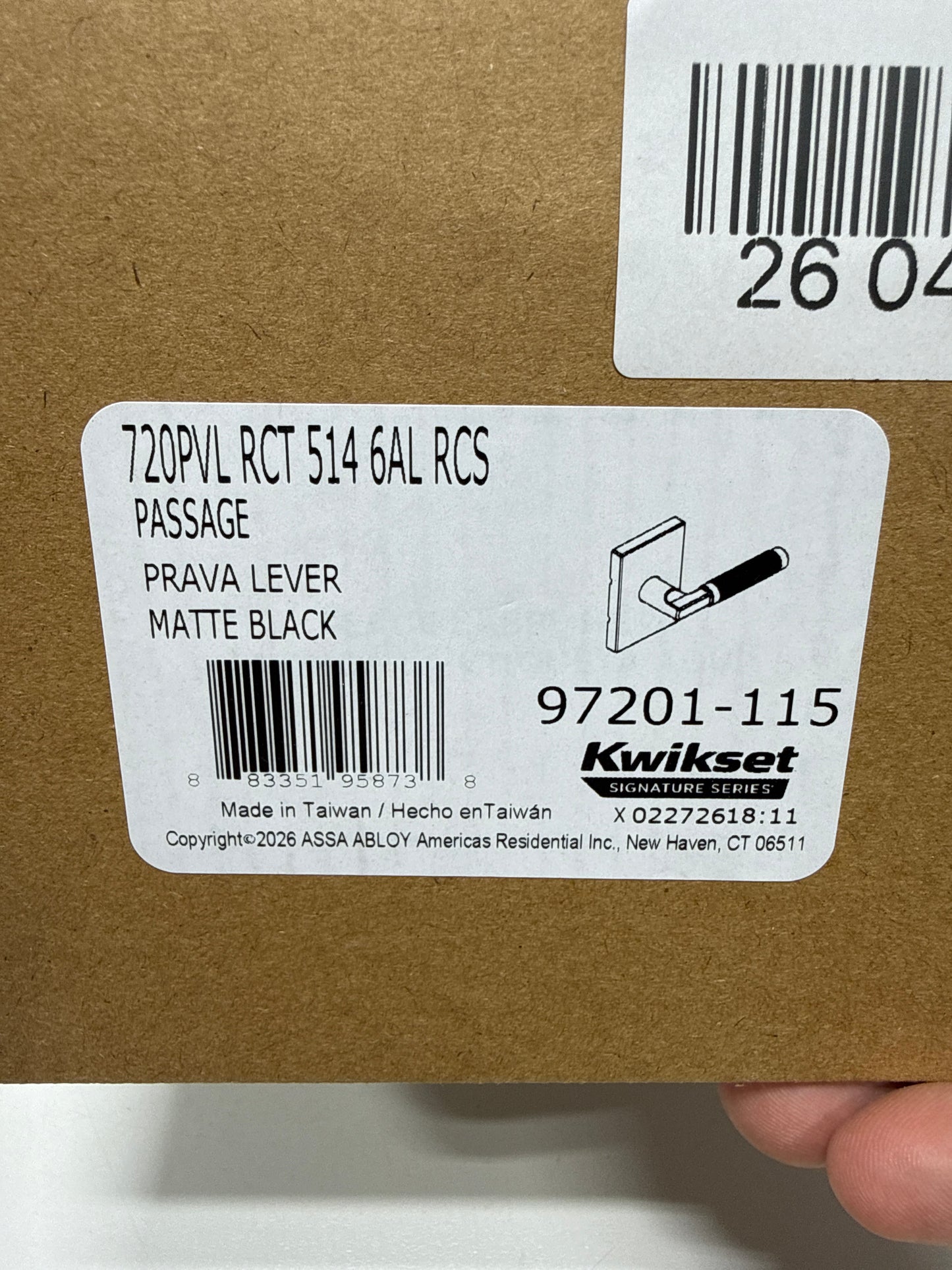 Kwikset 720PVLRCT Prava Passage Door Lever Set with Knurled Handle and Rectangle Rose Matte Black