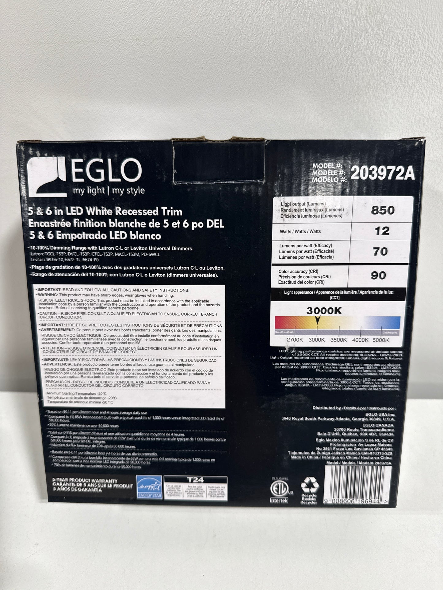 Eglo 203972A 7’’ Wide LED Retrofit Baffle Recessed Trim - 3000K White Recessed Lights Recessed Trims - *Lighting &