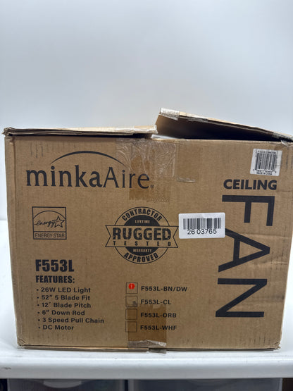 MINKA-AIRE F553L-BN/DW Minute 52" 5-Blade LED Ceiling Fan in Brushed Nickel Finish with Reversible Dark Walnut/Medium Maple Blades and an Etched White Glass