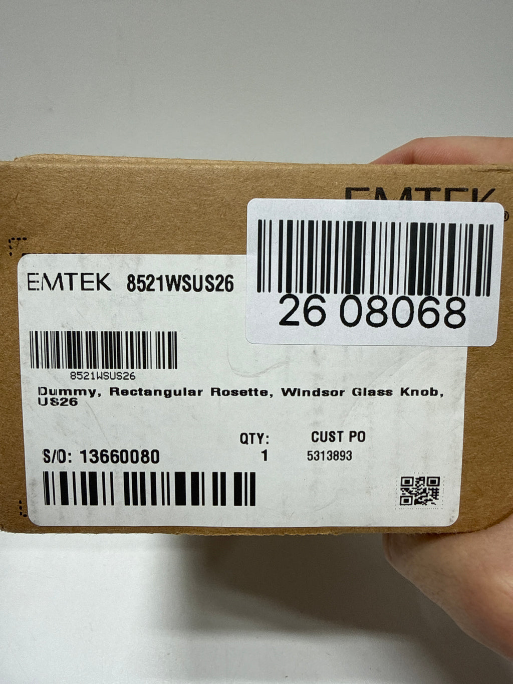 Emtek Dummy, Rectangular Rosette, Windsor Crystal Knob, US26 SKU: 8521WSUS26