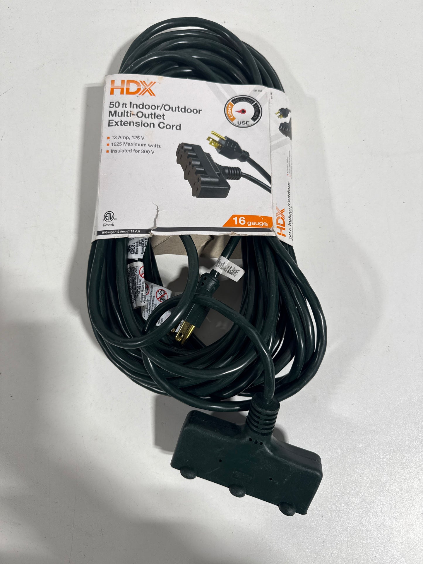 HDX  50 ft. 16/3 Light Duty Indoor/Outdoor Landscape Extension Cord with Multiple Outlet Triple Tap End, Green