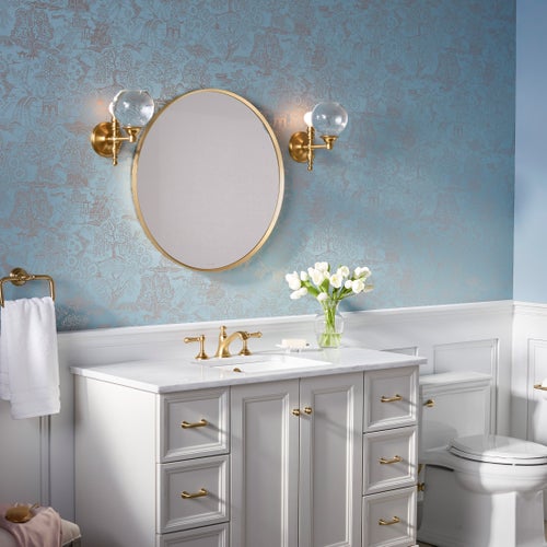 Kohler Essential 28 in. W X 28 in. H Round Framing Wall Mount Vanity Mirror with Modern Brushed Gold