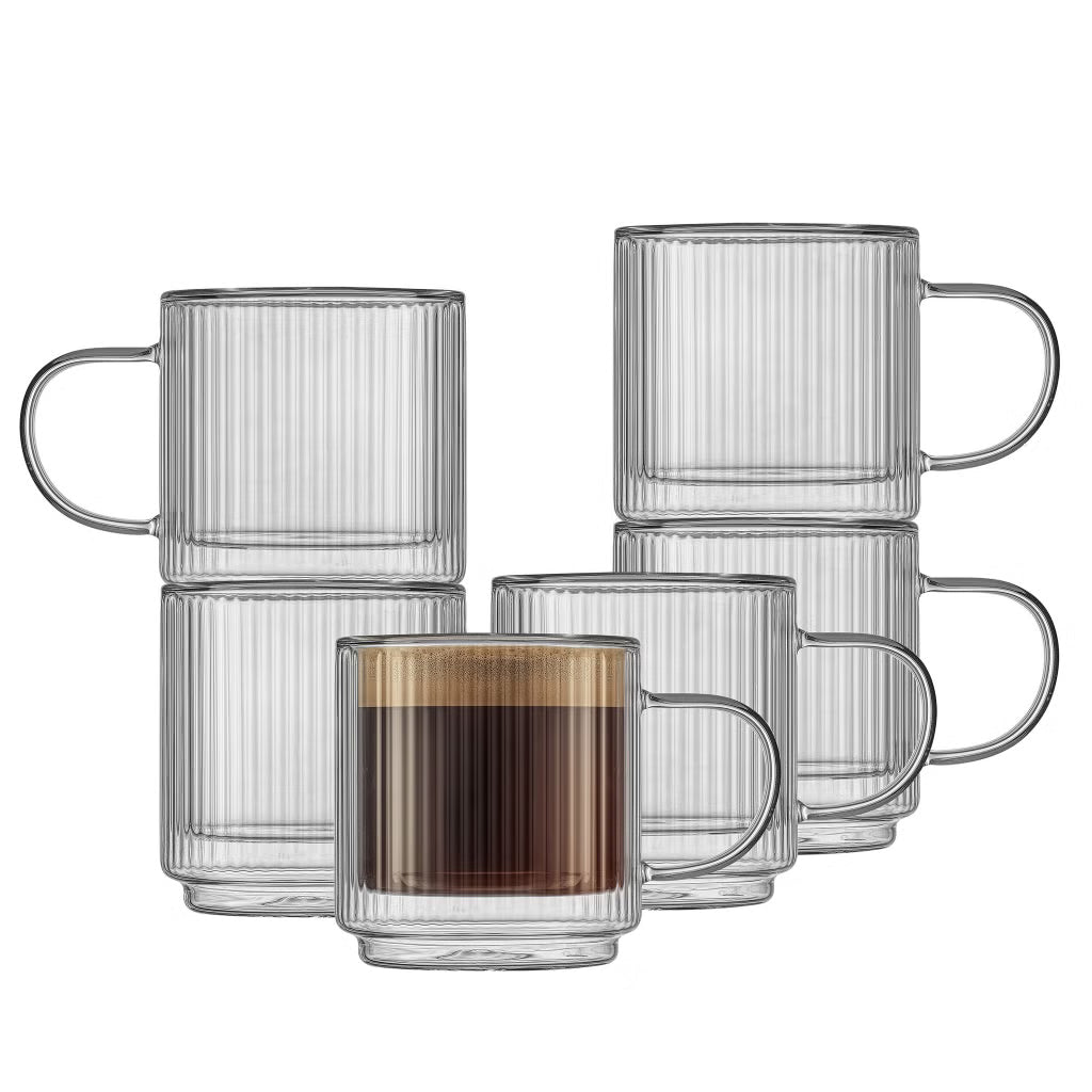 6 x JoyJolt Haven 13.5 oz Fluted Stackable Double Wall Glass Mugs