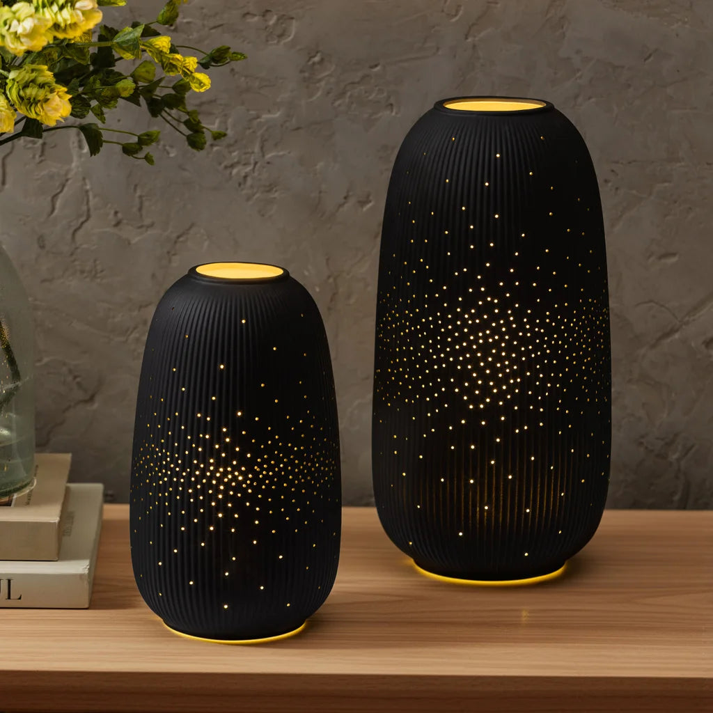 Evergreen LED Porcelain Lantern, Set of 2 Black