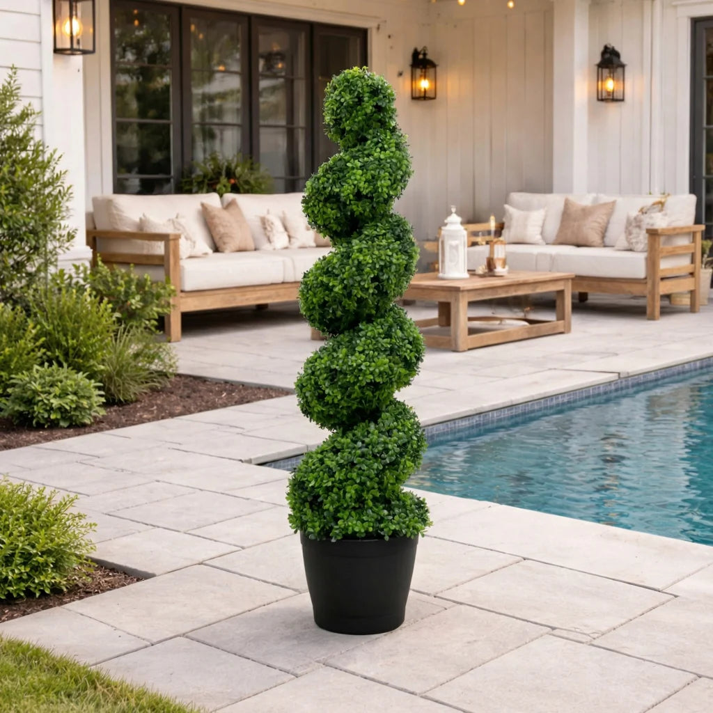 Faux 4' UV Resistant Spiral Boxwood Topiary Tree
