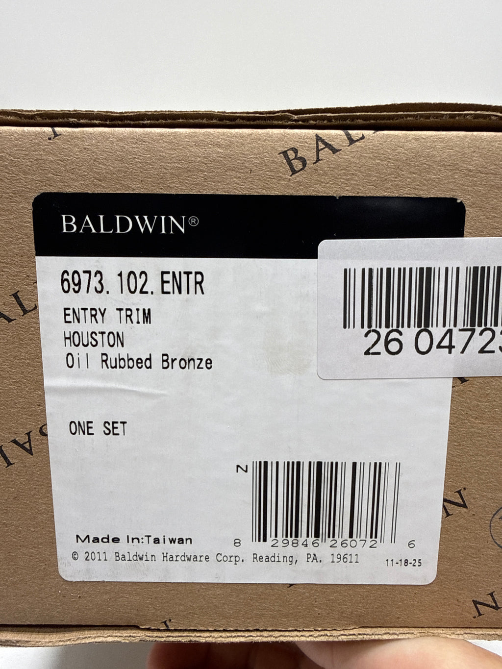 Baldwin 6973.ENTR Houston Single Cylinder Mortise Handleset Trim Set, Oil Rubbed Bronze